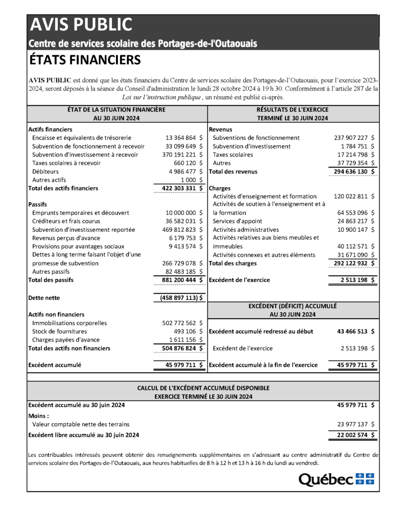 24 10 21 Avis public Etats financiers CSSPO tableau site web